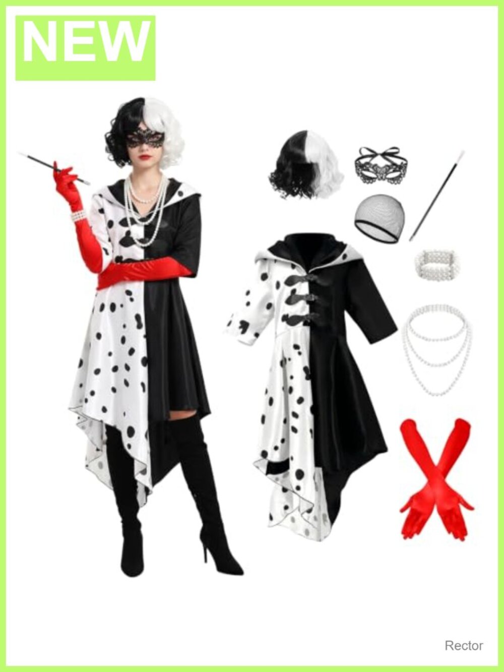 Cruella Devil Costume Women 8Pcs Halloween Outfit with Wig Dress Red Gloves